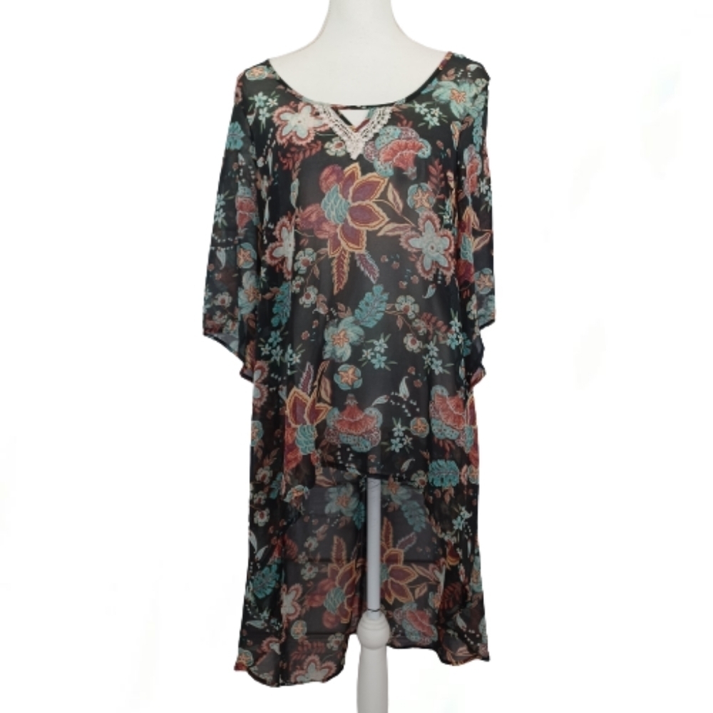 One World Live and Let Live Boho Floral Bohemian Sheer Asymmetrical Kimono Top